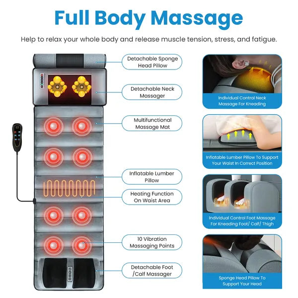 Full Body Electric Massage Mat Heating Vibration Massage Pad Cushion Back Massage Mattress Chair Pad With Neck Foot Massage Head Pillow And Cloth Lumbar Pillow Timer Anti-Slip Bottom Earplugs