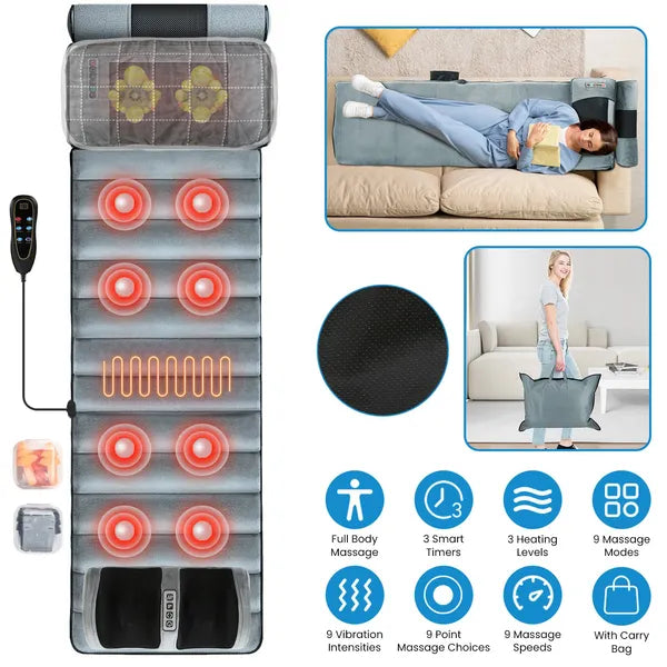 Full Body Electric Massage Mat Heating Vibration Massage Pad Cushion Back Massage Mattress Chair Pad With Neck Foot Massage Head Pillow And Cloth Lumbar Pillow Timer Anti-Slip Bottom Earplugs