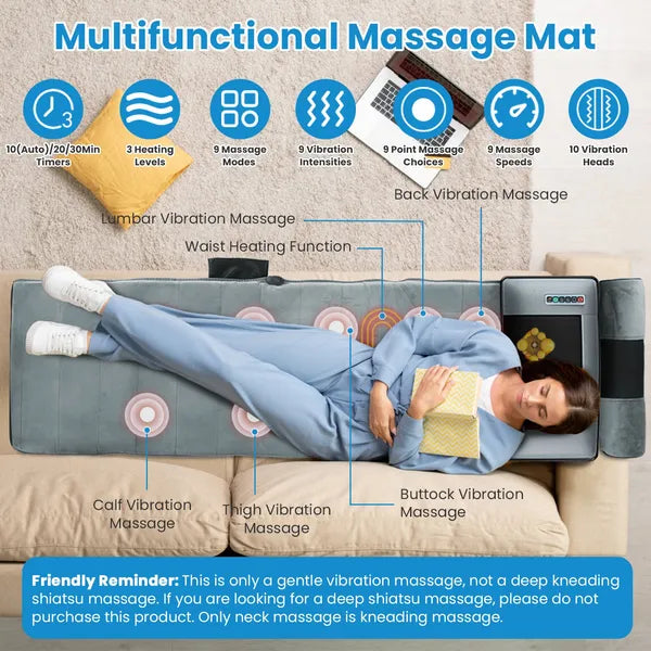 Full Body Electric Massage Mat Heating Vibration Massage Pad Cushion Back Massage Mattress Chair Pad With Neck Foot Massage Head Pillow And Cloth Lumbar Pillow Timer Anti-Slip Bottom Earplugs