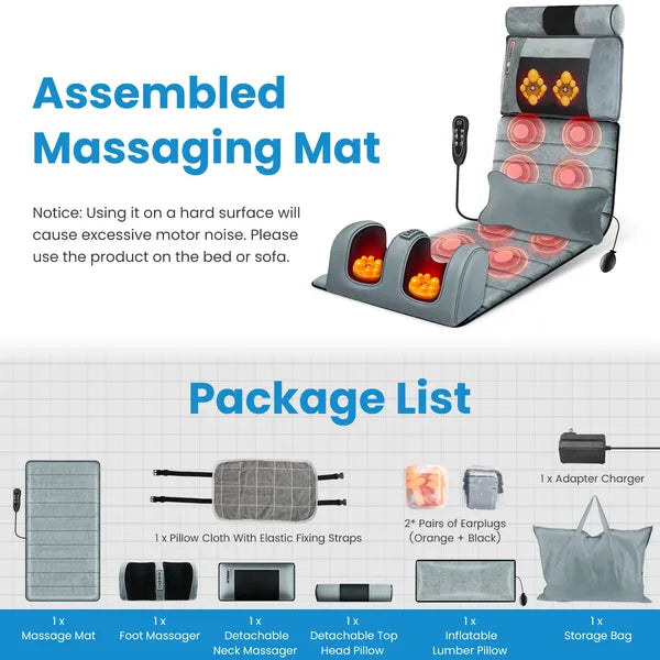 Full Body Electric Massage Mat Heating Vibration Massage Pad Cushion Back Massage Mattress Chair Pad With Neck Foot Massage Head Pillow And Cloth Lumbar Pillow Timer Anti-Slip Bottom Earplugs
